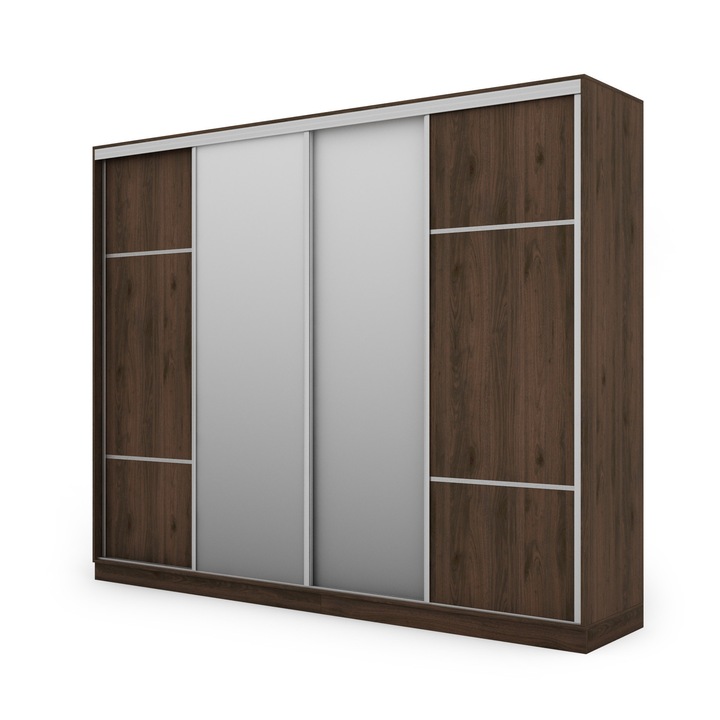 Dulap, Meblast, Premium lucrate manual, 300 cm x 244 cm x 64 cm, Sifonier, PAL 18 mm, HDF de 3 mm, PVC 0.8 mm, Numar de usi 4, Numar de sertare 5, Cu oglinda - 2 buc, Nuc Okapi