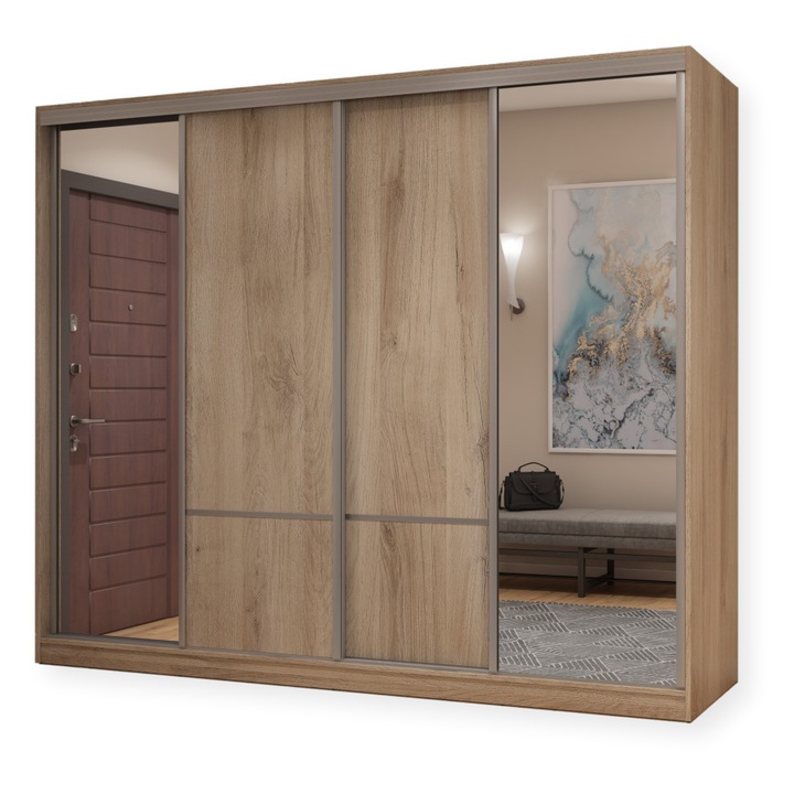 Dulap, Meblast, Premium lucrate manual, 268 cm x 220 cm x 65 cm, Sifonier, PAL 18 mm, HDF de 3 mm, PVC 0.8 mm, Numar de usi 4, Numar de sertare 3, Cu oglinda - 2 buc, Stejar Lorenzo