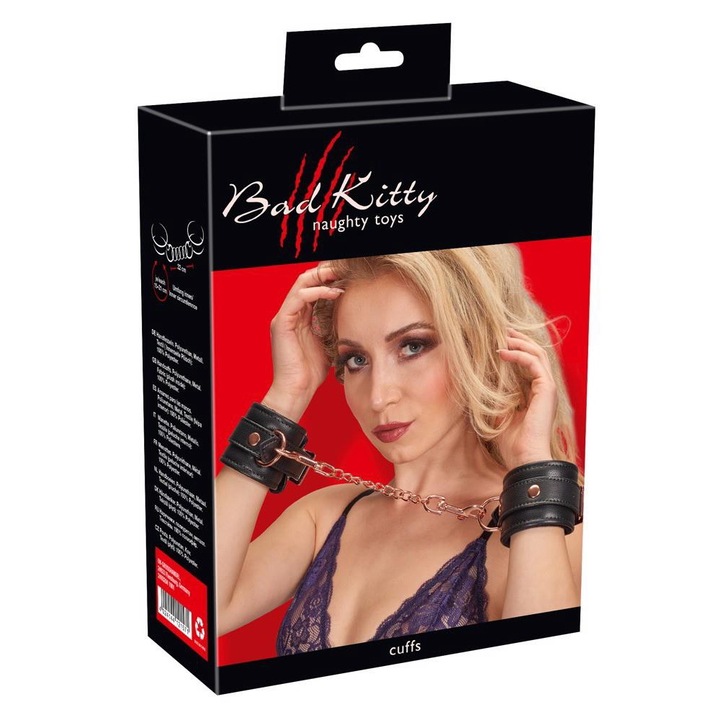 Bad Kitty Cuffs black - Catuse clasice cu lant in stil roz aurit, moi si reglabile