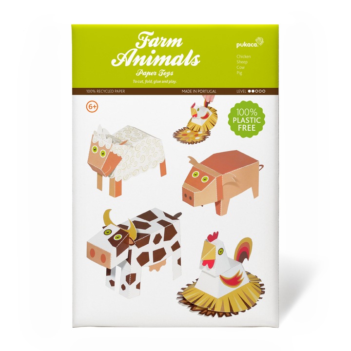Kit craft de construit 4 animale de jucarie PUKACA din hartie, prin decupare, pliere, lipire