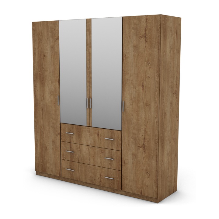 Dulap, Meblast, Premium lucrate manual, 200 cm x 220 cm x 57 cm, Sifonier, PAL 18 mm, HDF de 3 mm, PVC 0.8 mm, Numar de usi 4, Cu oglinda - 2 buc, Stejar Lefkas