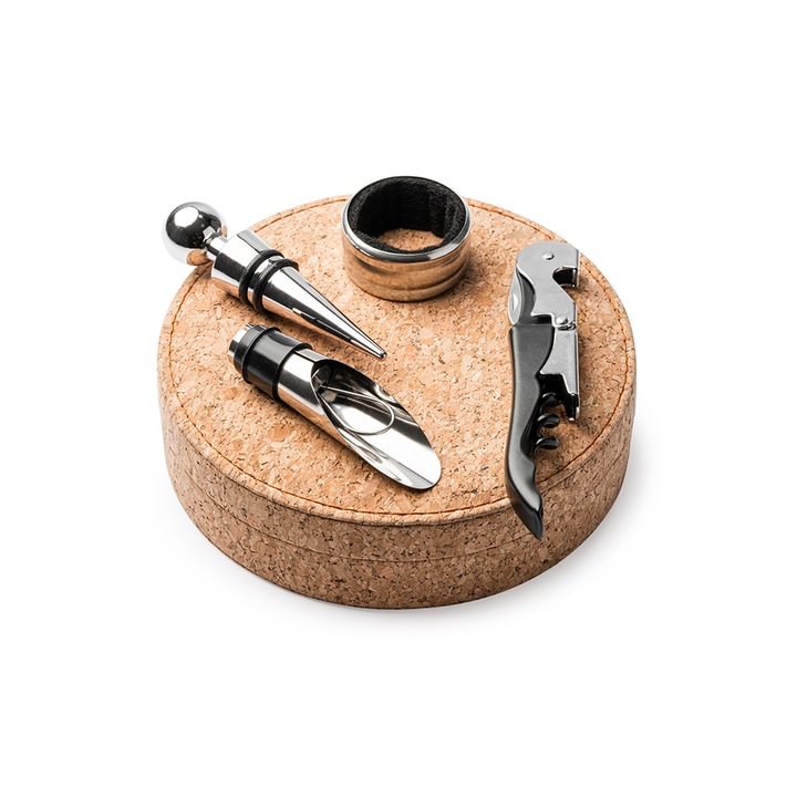 Set 4 accesorii pentru vin, Venet AB4091, otel inoxidabil, cutie din pluta naturala