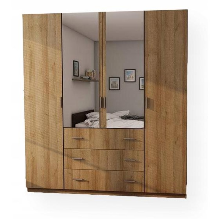 Dulap, Meblast, Premium lucrate manual, 200 cm x 220 cm x 57 cm, Sifonier, PAL 18 mm, HDF de 3 mm, PVC 0.8 mm, Numar de usi 4, Cu oglinda - 2 buc, Stejar Riva
