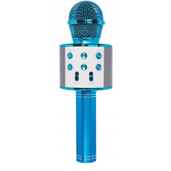 OEM gyermek karaoke mikrofon, vezeték nélküli, akkumulátorral, iOS és Android WS-858 kompatibilis, hangváltó funkció, kék