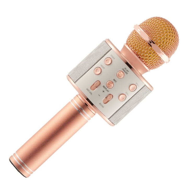 OEM gyermek karaoke mikrofon, vezeték nélküli, akkumulátorral, iOS és Android WS-858 kompatibilis, hangváltó funkció, arany rózsaszín