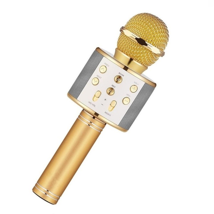 Gyermek karaoke mikrofon, vezeték nélküli, akkumulátorral, iOS és Android WS-858 kompatibilis, hangváltó funkció, arany