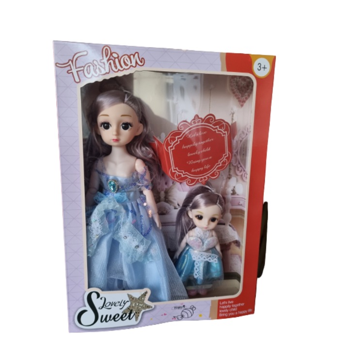Set papusi Sweet Lovely, Mom&Daughter, albastru, 30 cm si 12,5 cm