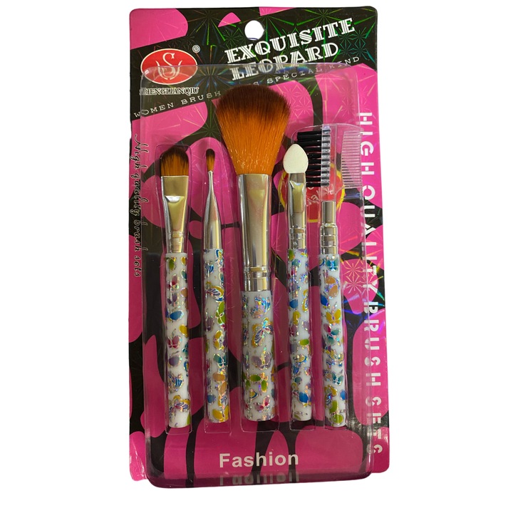 Set 5 pensule pentru machiaj, fir sintetic, maner alb cu fluturi multicolori