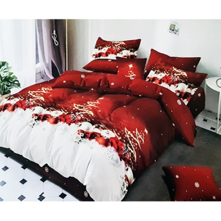 Set lenjerie de pat 2 persoane, cu imprimeu de Craciun Red Christmas Sparkle, 6 piese, 180 x 200
