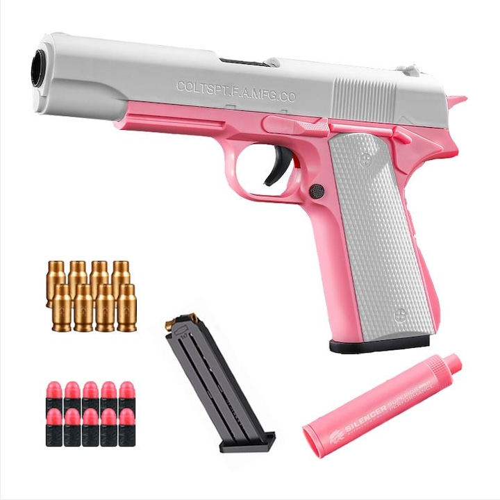 Пистолет играчка M1911, С меки куршуми, Ръчно зареждане, Розов/Бял
