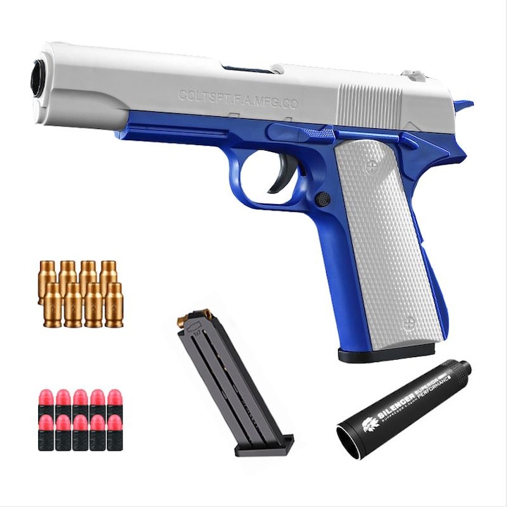 Пистолет играчка с мек куршум, M1911, ръчно зареждане, изваждане на празна кутия, синьо/бяло