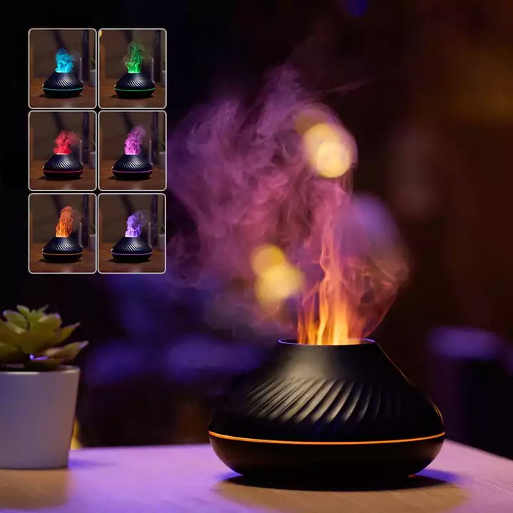 LQT Flamma aromaterápiás diffúzor lánggal, 7 színű éjszakai fénnyel, ultrahangos hideg párásító és illóolaj diffúzor, otthoni és irodai használatra, fekete