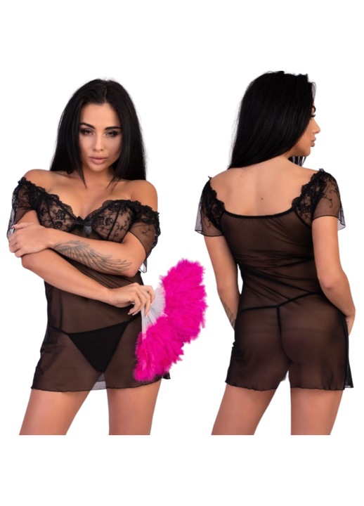 Chemise cu dantela si chiloti Corsetti, Miguela, Negru, L/XL