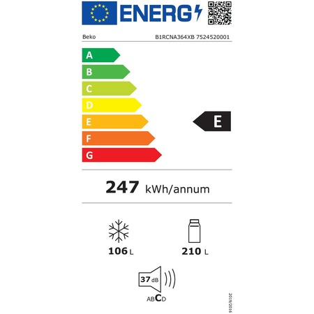 Хладилник с фризер Beko B1RCNA364XB, 316 л, Клас E, No Frost, AeroFlow, Поставка за бутилки XXL, MaxStore, H 186,5 см, Metal Look