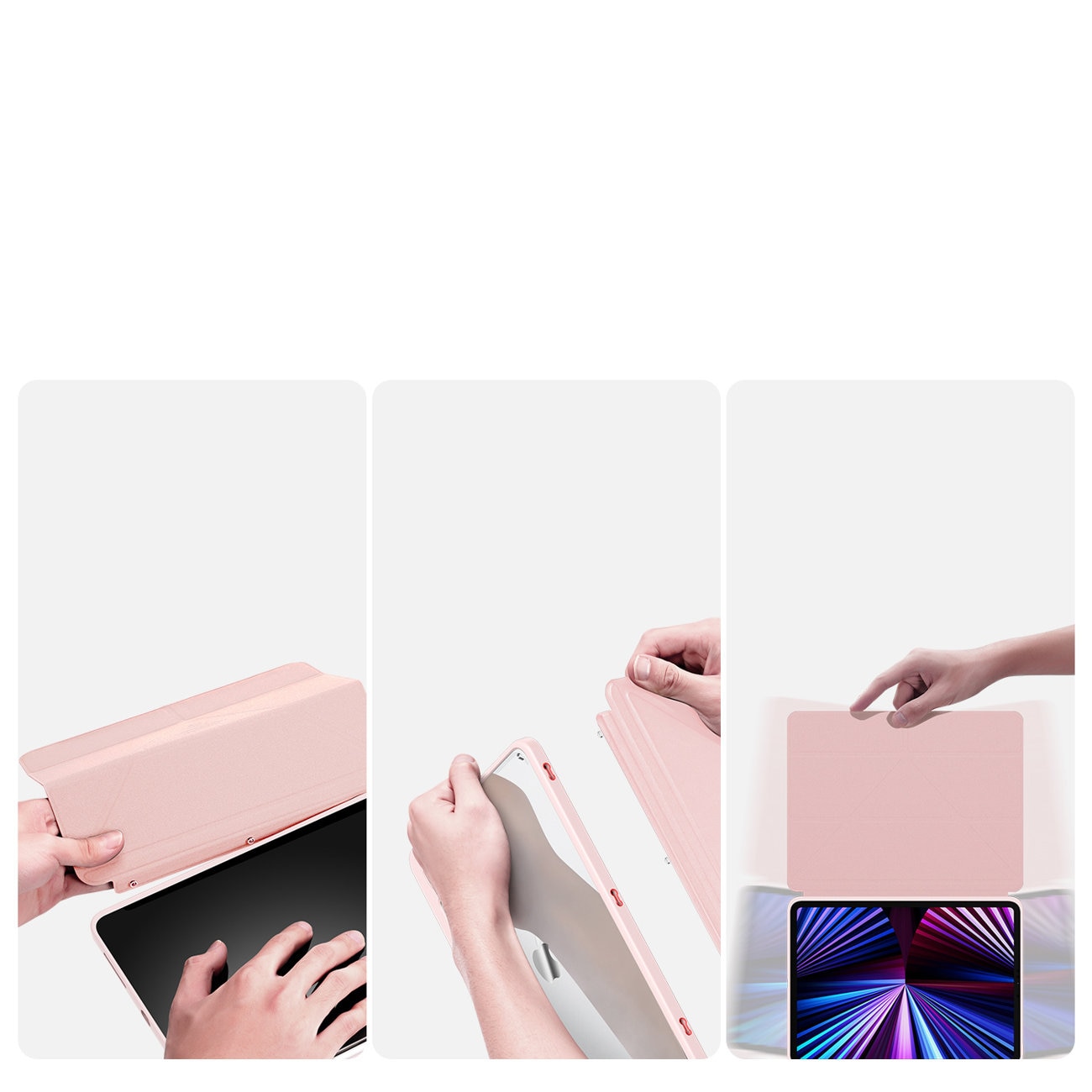 Husa de protectie pentru Apple iPad Pro 12.9" 2018/2020/2021, Smart Flip cover, cu fata detasabila si suport Landscape, Roz, HUR-BBL7095