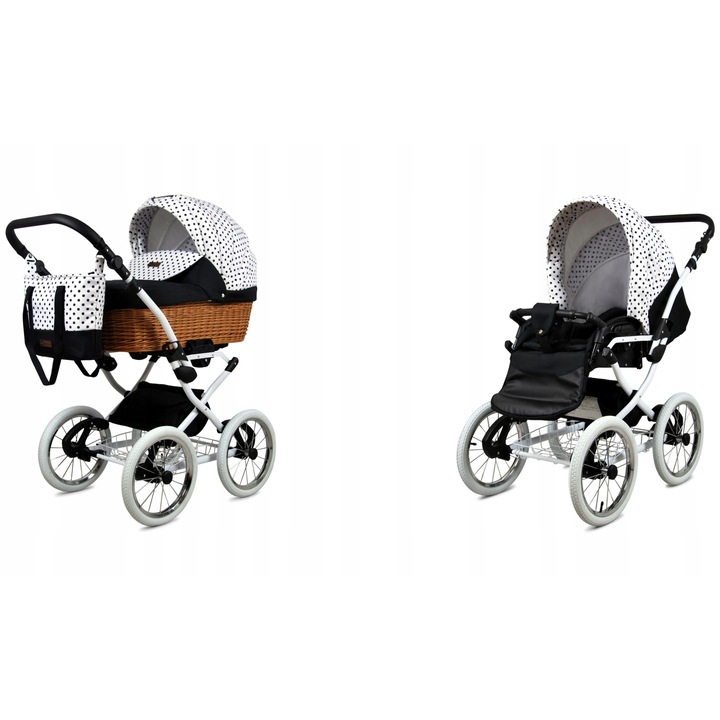 Детска количка BabyLux, Classic, Обръщаема, С алуминиева рамка, Бяла, на черни точки