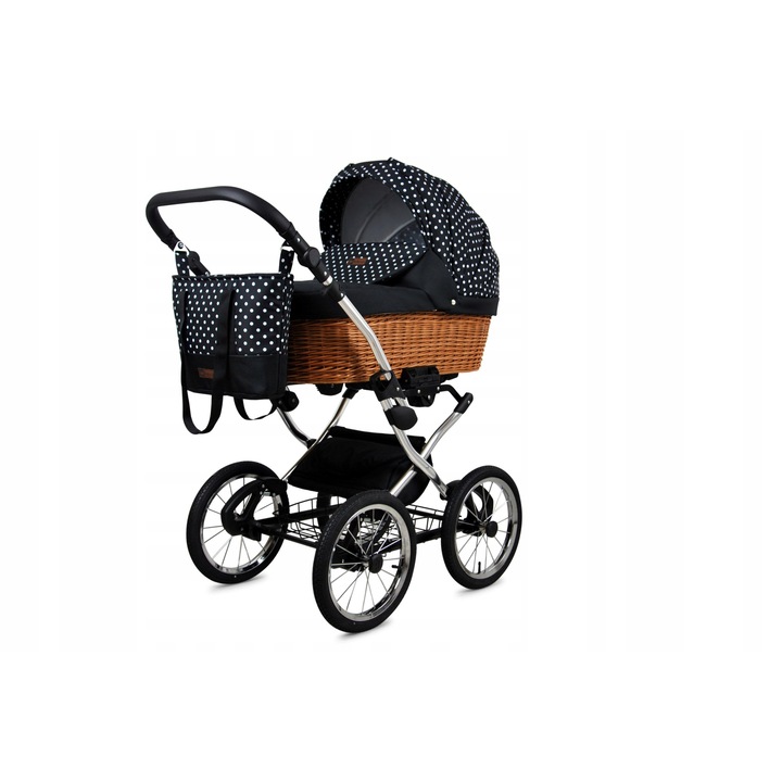 BabyLux Babakocsi 3 az 1-ben Classic Exclusive Fehér Pontok Megfordítható Mély Alumínium Ezüstkeret, Autósülés