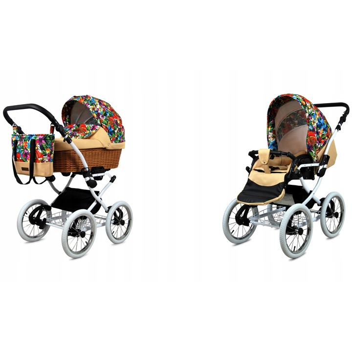 Количка BabyLux, 2 в 1, Classic, White Jungle Flowers, Обръщаща се, С алуминиева рамка