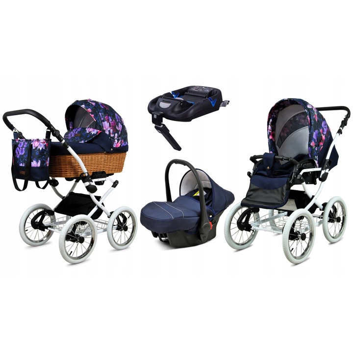 Carucior multifunctional BabyLux Classic White ALU 4 in 1: Landou, carucior sport, scaun auto, baza ISOFIX, tesaturi OEKO-TEX, cadru aluminiu, Royal Magnolia