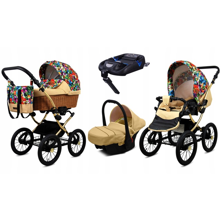 Carucior multifunctional BabyLux Classic Gold ALU 4 in 1 - landou, plimbare, scaun auto, baza ISOFIX, tesaturi Exclusive, Jungle Flowers