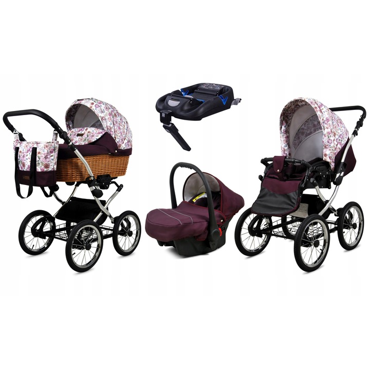 Количка BabyLux, 4 в 1, Classic, На цветя, Обръщаема, Столче за кола, ISOFIX База, Алуминиева рамка