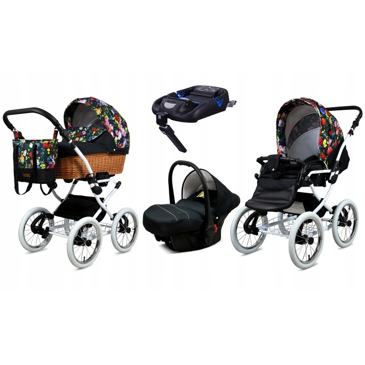 Детска количка BabyLux 4 в 1 Classic White, Дълбока, Реверсивна, Столче за кола ISOFIX База Алуминиева рамка