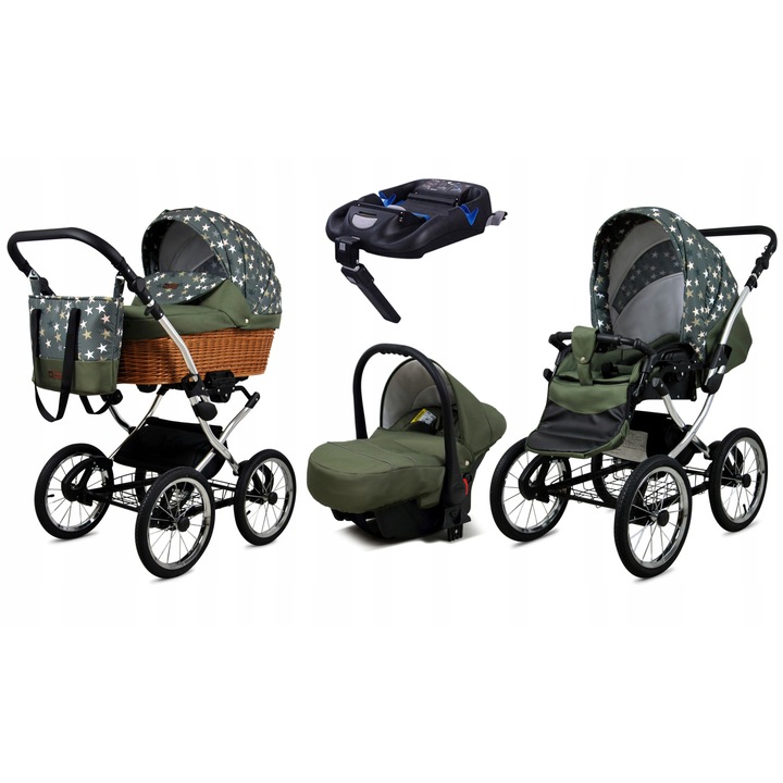 Детска количка BabyLux 4 в 1 Classic Exclusive Star of Olive, Дълбока, Реверсивна, Столче за кола ISOFIX База Алуминиева рамка