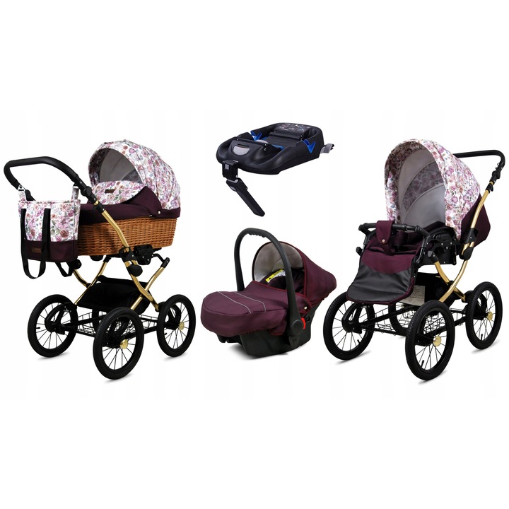 Carucior multifunctional BabyLux Classic Gold ALU 4 in 1 - Landou, Plimbare, Scaun Auto cu Baza Isofix - Tesaturi Exclusive, Siguranta Maxima