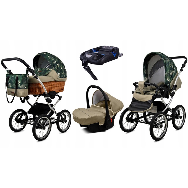 Carucior multifunctional BabyLux Classic Exclusive ALU 4 in 1 - landou, plimbare, scaun auto ISOFIX, tesaturi certificate OEKO-TEX, Fern Leaf