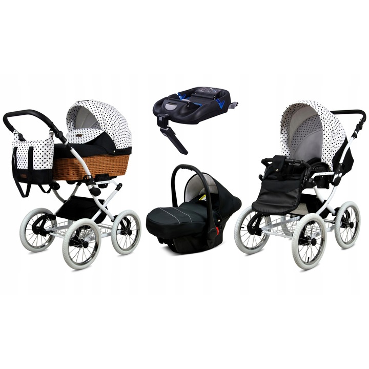 Количка BabyLux, 4 в 1, Classic, На черни точки, Обръщаема, Столче за кола, ISOFIX База, Алуминиева рамка