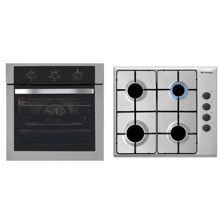 Pachet Cuptor incorporabil Pyramis Eco, Electric, 64 L, 5 functii, Timer, Clasa A, Inox, Plita incorporabila Pyramis, Gaz, 4 arzatoare, Aprindere electrica, 60 cm, Sticla neagra/Inox