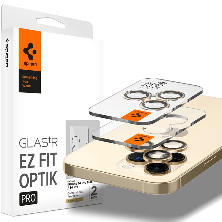 Spigen Optik EZ FIT Kameravédő üvegfólia készlet, 6 db, iPhone 14 Pro / 14 Pro Max készülékekhez, arany