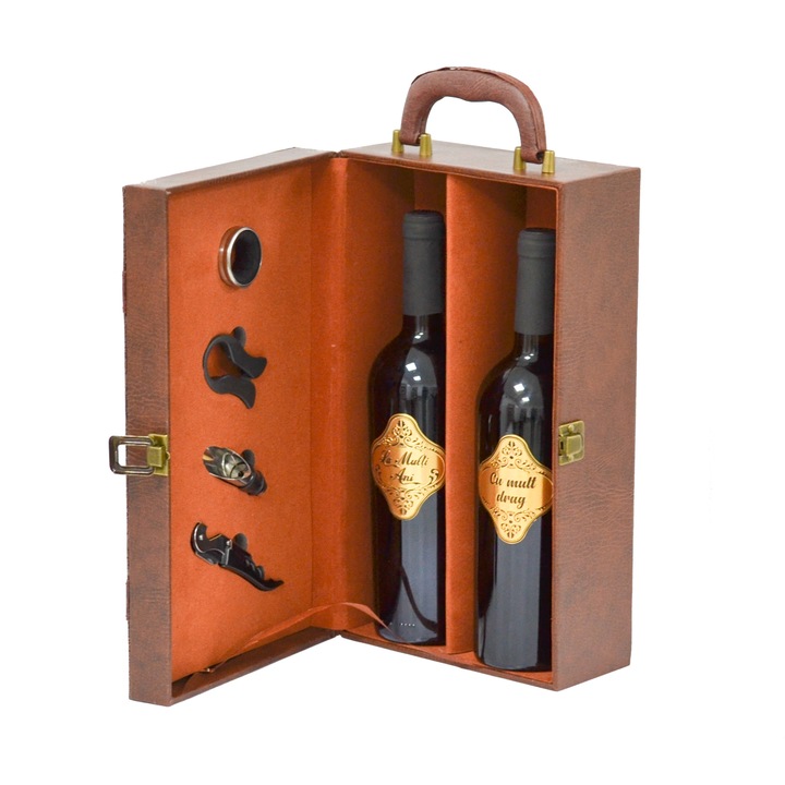 Set vinuri in cutie maro, cu accesorii, La multi ani, Cu mult drag