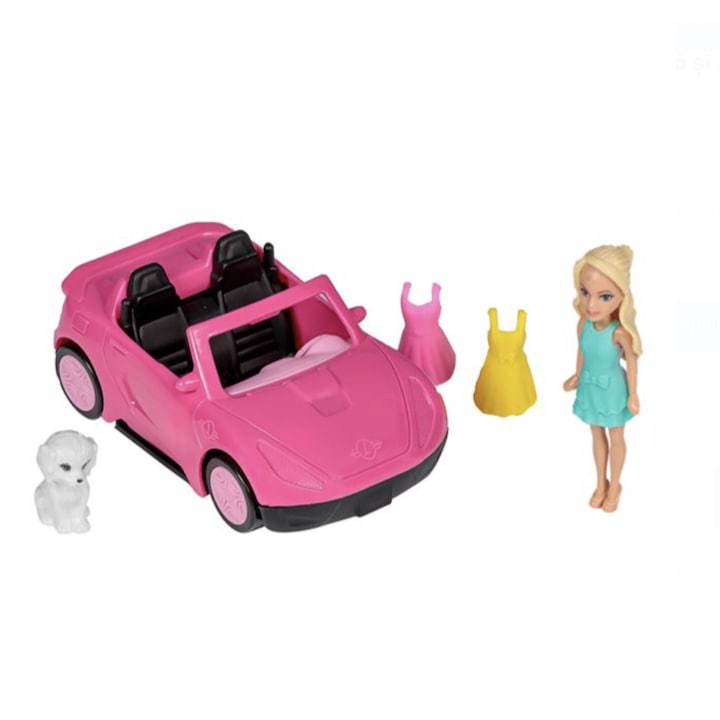 Set papusa mini cu masina roz si accesorii 22x9x13 cm