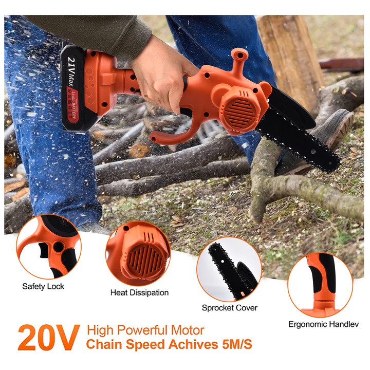 Juemel Mini láncfűrész M7042, 6 hüvelykes, 21 V, 1500 mAh, 2 lánc, narancs