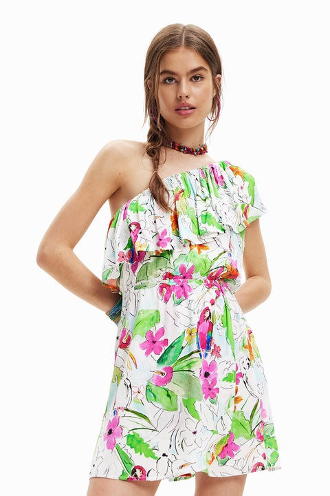 DESIGUAL, Рокля с голо рамо и принт, Бял/Зелен/Розово