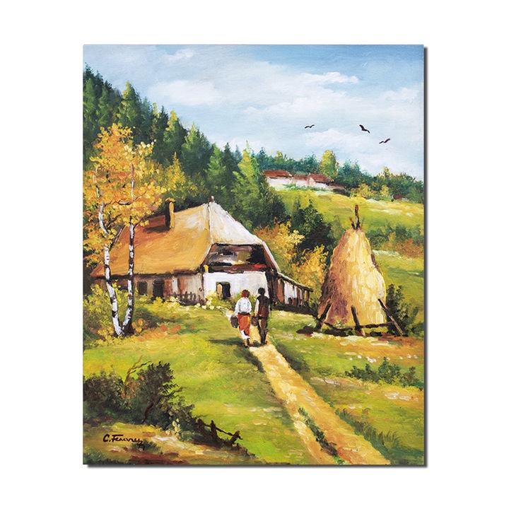 Tablou pictat manual Artnova, Meleaguri mioritice, pictura 50x40cm ulei pe panza