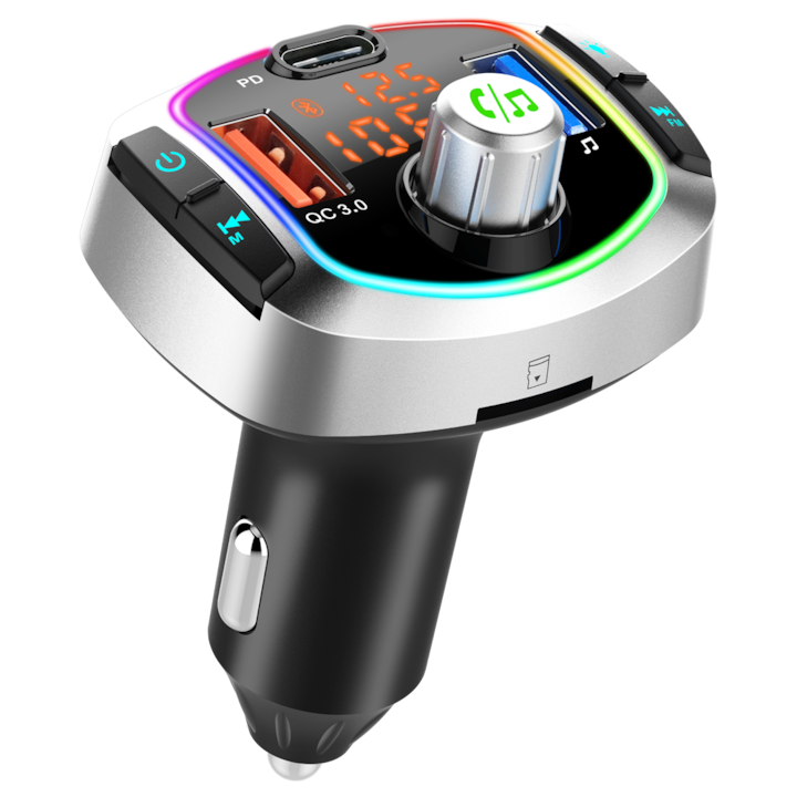 Modulator FM 6 butoane, Bluetooth 5.0, Voice Assist, Muzica de Calitate, Receptor de Apeluri si Audio cu Maini Libere, Player de muzica MP3, Incarcator de masina USB QC3 si Type-C, Iluminat cu LED in 6 culori, Negru