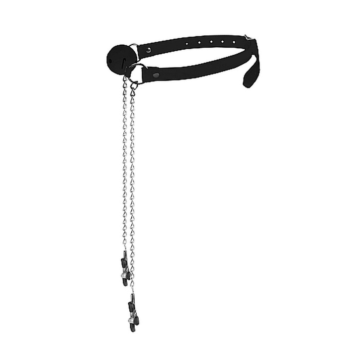 Ouch!, Masca Bondage, Gag Cu Bile Cu Cleme Pentru Mamelon - Negru