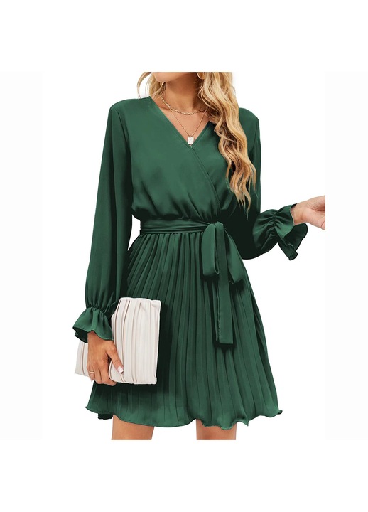 Дамска рокля, V-образно деколте, Плисирана, Дълъг ръкав, Полиестер, Зелена