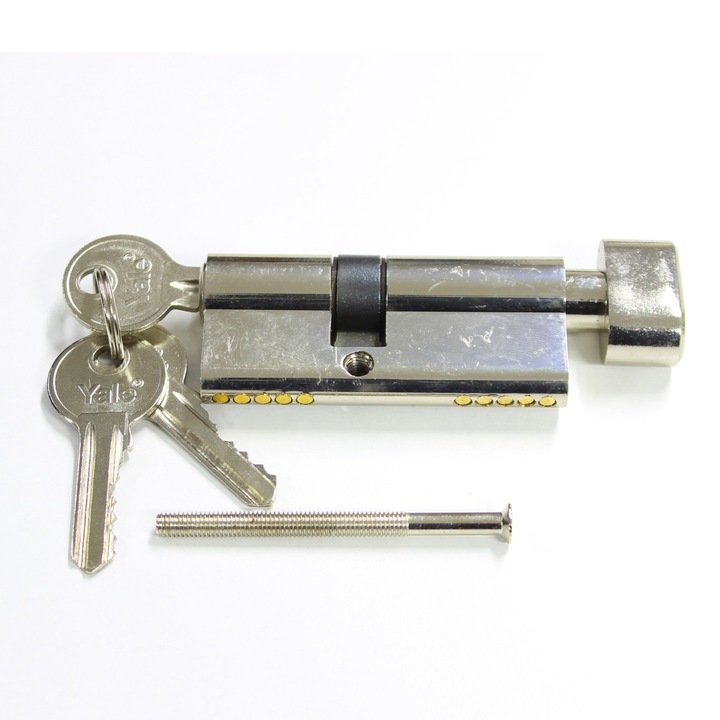 Butuc usa, cilindru, cu buton si cheie, marime 30 x 40 mm, cu surub de fixare si 3 chei