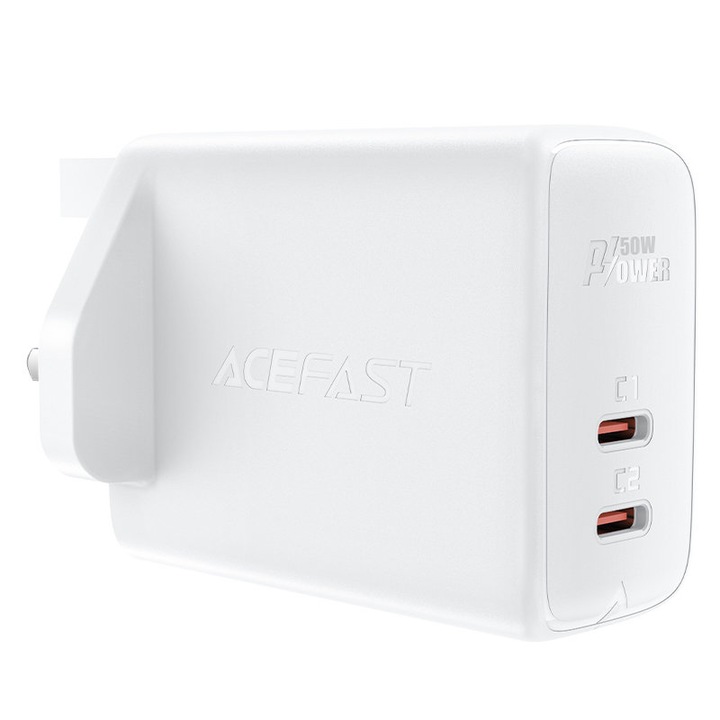 Incarcator retea, AceFast, Priza UK, 2x USB tip C 50W, Q3 3.0, Alb