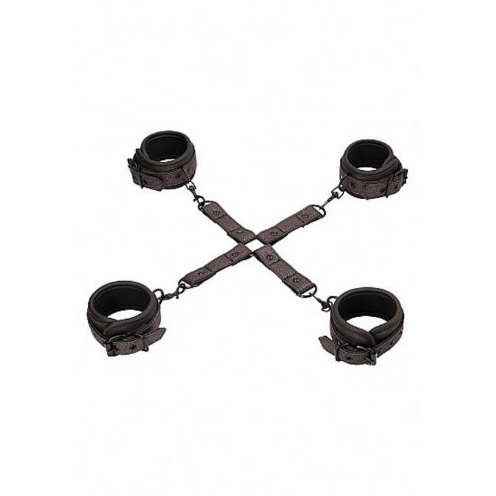 Комплект 4 броя белезници Ouch!, Дръжка, Регулируеми, Екологична кожа, Черен