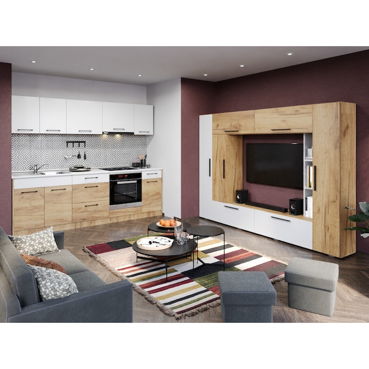 Pachet Mobila Bucatarie Gastro cu Living Stejar / Alb Picolo