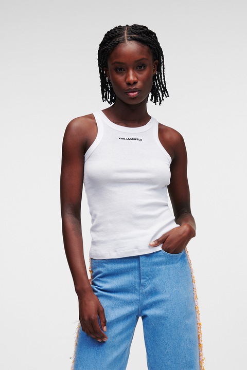 Karl Lagerfeld, Памучен рипсен топ, Бял, L
