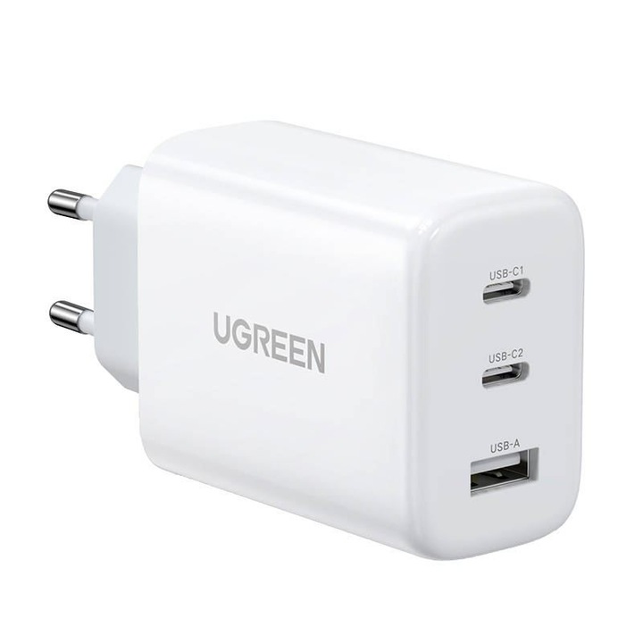 Gyorstöltő, Ugreen, 2x USB Type C / USB, 65 W, Fehér