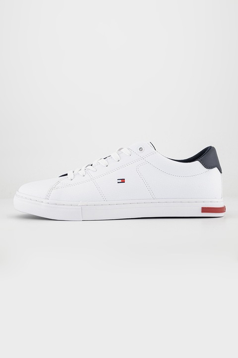 Tommy Hilfiger, Pantofi sport de piele cu logo discret, Alb/Bleumarin