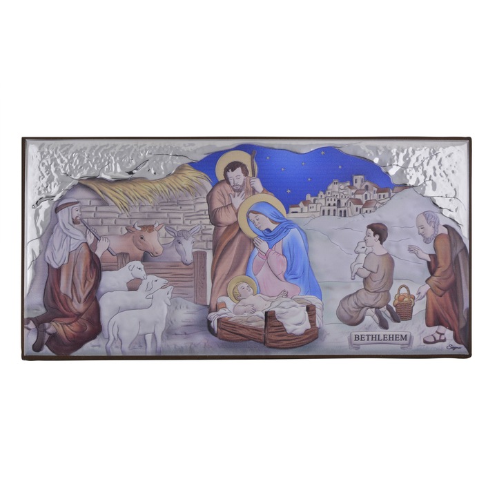 Icoana placata cu argint - Nasterea Mantuitorului - Model lat, color, finisaj ceramic, rama finisaj lemn alun, 34x17 cm, 2/3