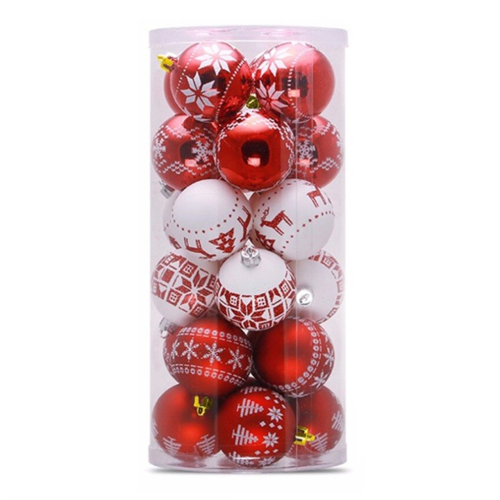 Set 30 de ornamente brad Craciun, rosu/alb/sclipici, 5 modele diferite, incasabila, corzi decorative, pentru pomul de craciun