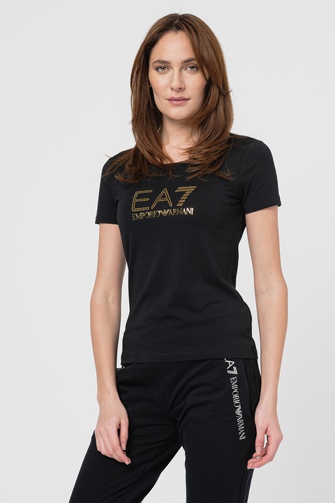 EA7, Szűk fazonú modál- és pamutpóló, Aranyszín/Fekete